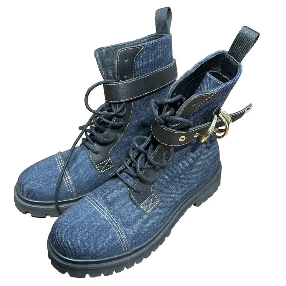Denim Lace-Up Ankle Boots with Gold Buckle